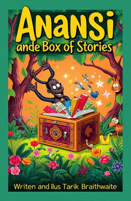 A colorful and captivating book cover for a children's story titled "Anansi and the Box of Stories"