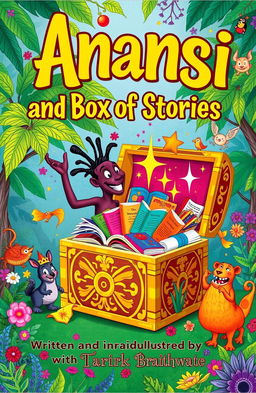 A colorful and captivating book cover for a children's story titled "Anansi and the Box of Stories"