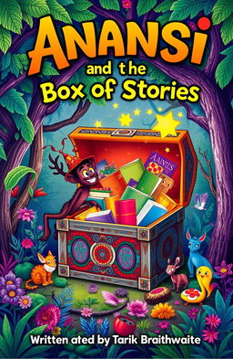 A colorful and captivating book cover for a children's story titled "Anansi and the Box of Stories"