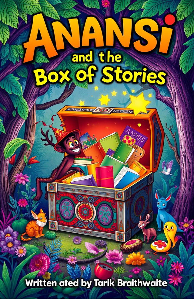 A colorful and captivating book cover for a children's story titled "Anansi and the Box of Stories"