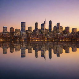 A tranquil cityscape at sunset, where the last rays of the sun cast warm hues on the skyline, reflected in a calm body of water, while the city lights begin to twinkle.