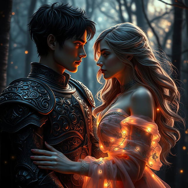 A dramatic fantasy romance scene featuring a shadow fae male with short hair and intricately designed armor, standing closely beside a bright human woman