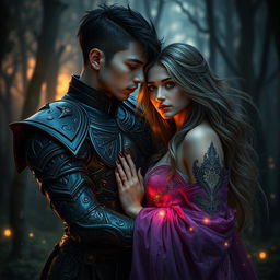 A dramatic fantasy romance scene featuring a shadow fae male with short hair and intricately designed armor, standing closely beside a bright human woman