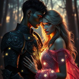 A dramatic fantasy romance scene featuring a shadow fae male with short hair and intricately designed armor, standing closely beside a bright human woman