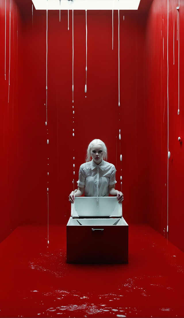 Beautiful, creepy albino girl climbs out of Pandora’s box with its lid ajar on the floor of a windowless, minimalist all-red room. It rains white opaque droplets. Unnerving, spooky, and foreboding raw unedited photograph in low light settings with high detail.