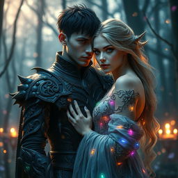 A dramatic fantasy romance scene featuring a shadow fae male with short hair, clad in intricate, darkly embellished armor, standing closely to a bright human woman