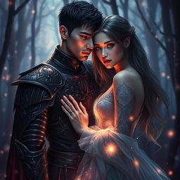 A dramatic fantasy romance scene featuring a shadow fae male with short hair, clad in intricate, darkly embellished armor, standing closely to a bright human woman