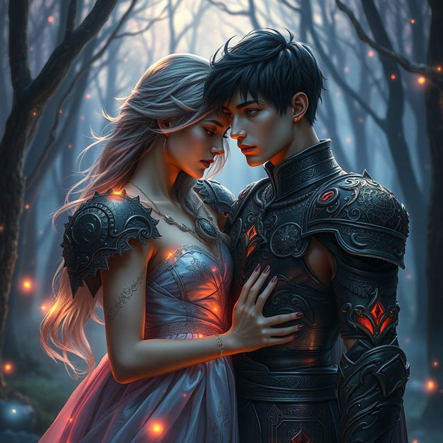 A dramatic fantasy romance scene featuring a shadow fae male with short hair, clad in intricate, darkly embellished armor, standing closely to a bright human woman