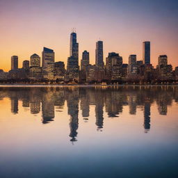 A tranquil cityscape at sunset, where the last rays of the sun cast warm hues on the skyline, reflected in a calm body of water, while the city lights begin to twinkle.