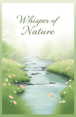 A serene and minimalist poetry book cover featuring a tranquil nature scene with a gently flowing river surrounded by lush green trees and wildflowers, a soft pastel color palette, the title "Whispers of Nature" elegantly written in a delicate, cursive font at the top, and the author's name at the bottom in a simple sans-serif font