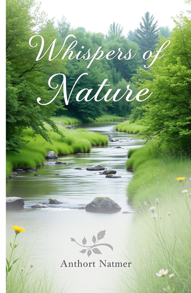 A serene and minimalist poetry book cover featuring a tranquil nature scene with a gently flowing river surrounded by lush green trees and wildflowers, a soft pastel color palette, the title "Whispers of Nature" elegantly written in a delicate, cursive font at the top, and the author's name at the bottom in a simple sans-serif font