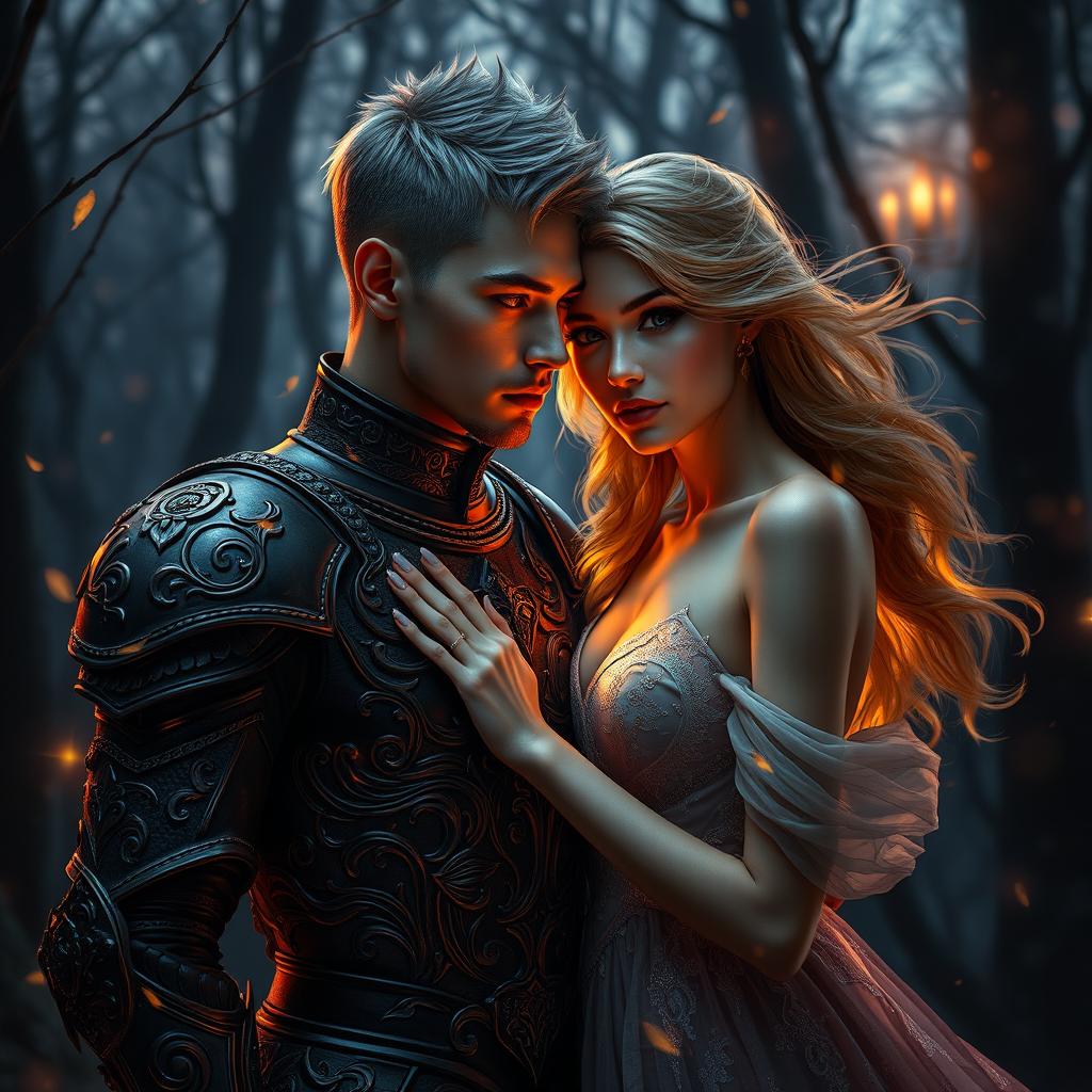 A dramatic fantasy romance scene featuring a shadow fae male with short hair and intricately crafted, dark armor, standing closely next to a bright human woman