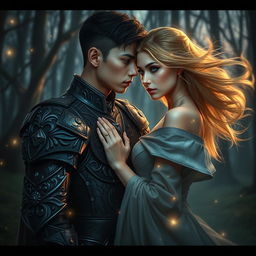 A dramatic fantasy romance scene featuring a shadow fae male with short hair and intricately crafted, dark armor, standing closely next to a bright human woman