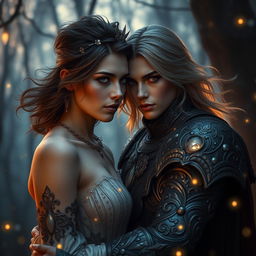 A dramatic fantasy romance scene featuring a shadow fae male with short hair and intricately crafted, dark armor, standing closely next to a bright human woman