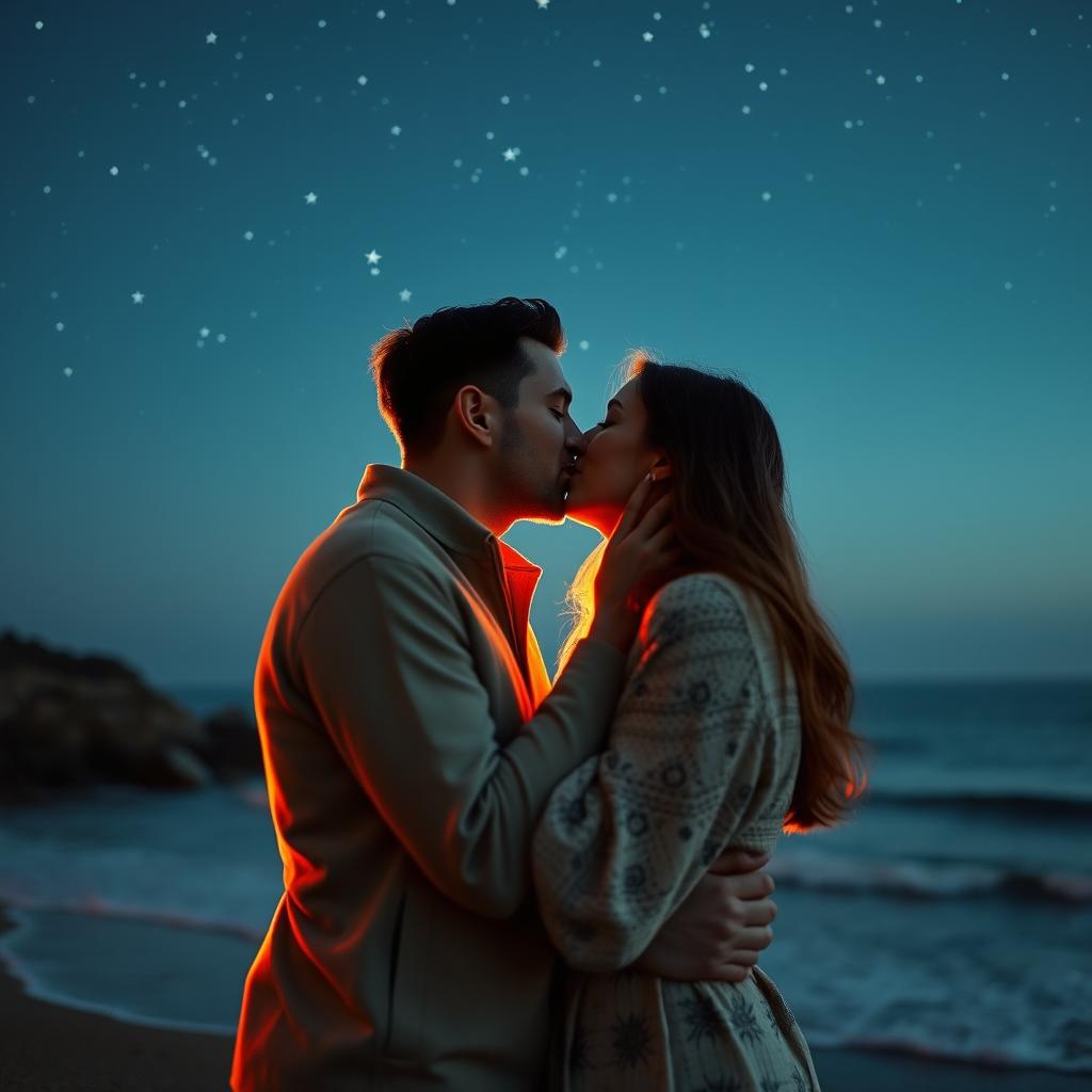 A romantic scene capturing an intimate moment between a couple sharing a tender kiss under a starlit sky