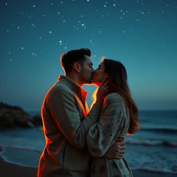 A romantic scene capturing an intimate moment between a couple sharing a tender kiss under a starlit sky