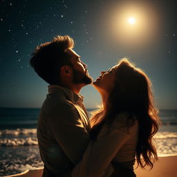 A romantic scene capturing an intimate moment between a couple sharing a tender kiss under a starlit sky