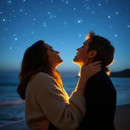 A romantic scene capturing an intimate moment between a couple sharing a tender kiss under a starlit sky