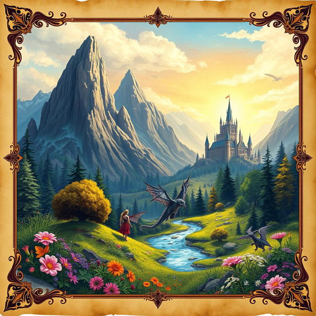 An intricately designed background for a Dungeons & Dragons booklet, featuring a lush fantasy landscape with towering mountains, an enchanted forest, and a mystical castle in the distance