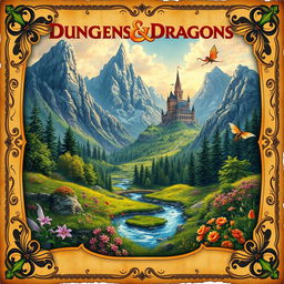 An intricately designed background for a Dungeons & Dragons booklet, featuring a lush fantasy landscape with towering mountains, an enchanted forest, and a mystical castle in the distance