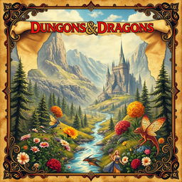 An intricately designed background for a Dungeons & Dragons booklet, featuring a lush fantasy landscape with towering mountains, an enchanted forest, and a mystical castle in the distance