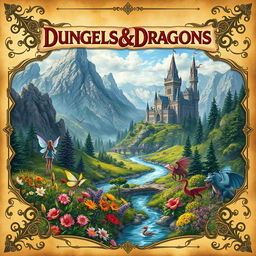 An intricately designed background for a Dungeons & Dragons booklet, featuring a lush fantasy landscape with towering mountains, an enchanted forest, and a mystical castle in the distance