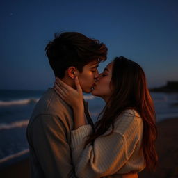 A romantic scene capturing an intimate moment between two young adults, aged 18 to 21, sharing a tender kiss under a starlit sky