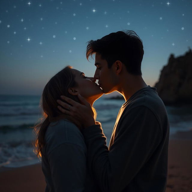 A romantic scene capturing an intimate moment between two young adults, aged 18 to 21, sharing a tender kiss under a starlit sky