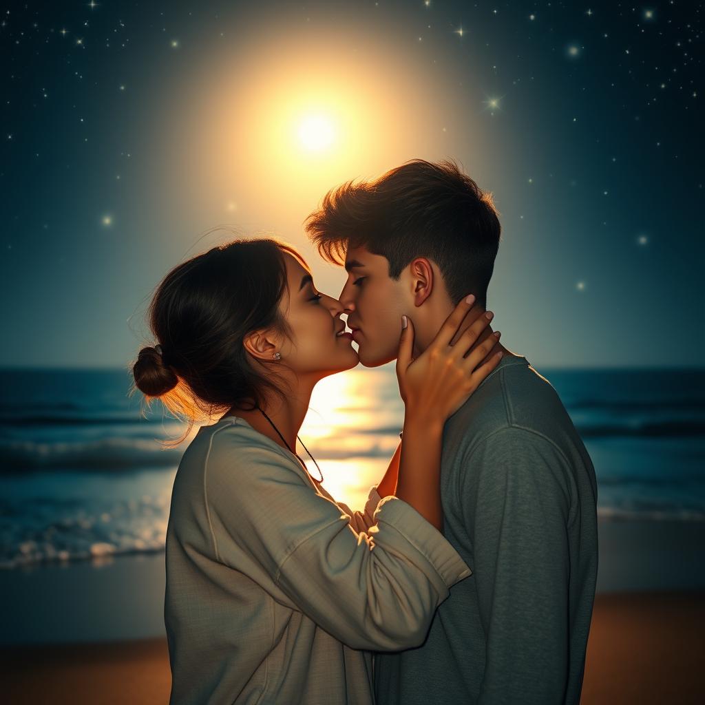 A romantic scene capturing an intimate moment between two young adults, aged 18 to 21, sharing a tender kiss under a starlit sky