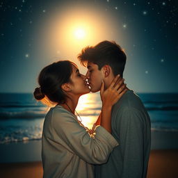 A romantic scene capturing an intimate moment between two young adults, aged 18 to 21, sharing a tender kiss under a starlit sky