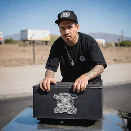 A cholo clad in traditional Lowrider attire, gripping a hydraulics switch box with both hands. A cord trails from the box, snaking down, then skyward to artistically form the letter 'S' in the word 'Switchman Hydraulics'.