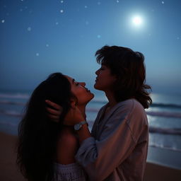 A romantic scene capturing an intimate moment between two young adults, aged 18 to 21, sharing a tender kiss under a starlit sky
