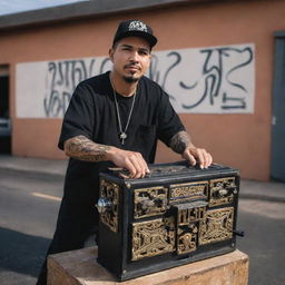 A cholo clad in traditional Lowrider attire, gripping a hydraulics switch box with both hands. A cord trails from the box, snaking down, then skyward to artistically form the letter 'S' in the word 'Switchman Hydraulics'.