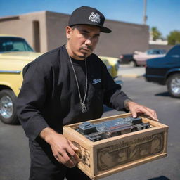 A cholo clad in traditional Lowrider attire, gripping a hydraulics switch box with both hands. A cord trails from the box, snaking down, then skyward to artistically form the letter 'S' in the word 'Switchman Hydraulics'.