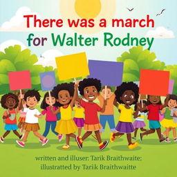 A colorful and vibrant children's book cover titled "There was a march for Walter Rodney" featuring diverse children holding colorful banners and signs, marching joyfully in a park setting