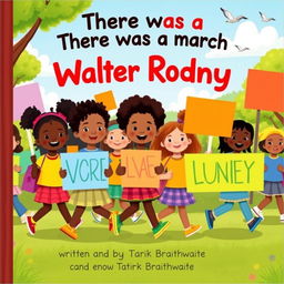 A colorful and vibrant children's book cover titled "There was a march for Walter Rodney" featuring diverse children holding colorful banners and signs, marching joyfully in a park setting