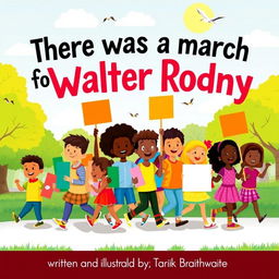 A colorful and vibrant children's book cover titled "There was a march for Walter Rodney" featuring diverse children holding colorful banners and signs, marching joyfully in a park setting