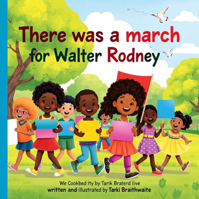 A colorful and vibrant children's book cover titled "There was a march for Walter Rodney" featuring diverse children holding colorful banners and signs, marching joyfully in a park setting