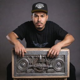 A cholo clad in traditional Lowrider attire, gripping a hydraulics switch box with both hands. A cord trails from the box, snaking down, then skyward to artistically form the letter 'S' in the word 'Switchman Hydraulics'.