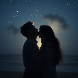 A poignant romantic scene featuring a young adult man aged 18 to 21, appearing to fade away as he shares an intimate kiss with his partner under a starlit sky