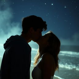 A poignant romantic scene featuring a young adult man aged 18 to 21, appearing to fade away as he shares an intimate kiss with his partner under a starlit sky