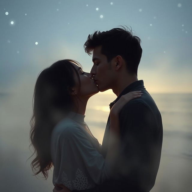 A poignant romantic scene featuring a young adult man aged 18 to 21, appearing to fade away as he shares an intimate kiss with his partner under a starlit sky