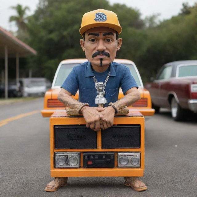 A cool character installation of a Cholo, styled in a Lowrider theme, securely holding a hydraulics switch box in both hands. A wire from the box follows a creative trail, shaping down and curving upwards to form the letter 'S' for 'Switchman Hydraulics'.