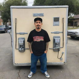 A cool character installation of a Cholo, styled in a Lowrider theme, securely holding a hydraulics switch box in both hands. A wire from the box follows a creative trail, shaping down and curving upwards to form the letter 'S' for 'Switchman Hydraulics'.