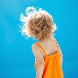 A young child standing with their back towards the viewer, against a vivid blue background, showcasing a serene and playful atmosphere