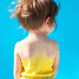 A young child standing with their back towards the viewer, against a vivid blue background, showcasing a serene and playful atmosphere
