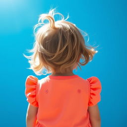 A young child standing with their back towards the viewer, against a vivid blue background, showcasing a serene and playful atmosphere