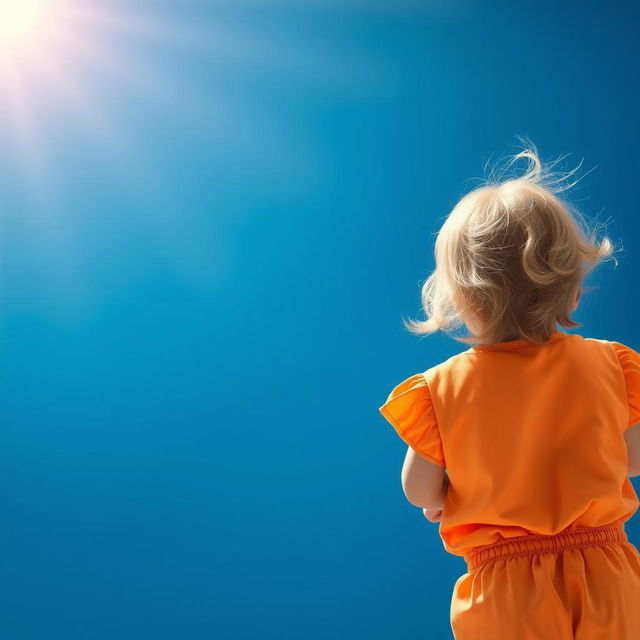 A young child standing with their back towards the viewer, against a vivid blue background, showcasing a serene and playful atmosphere