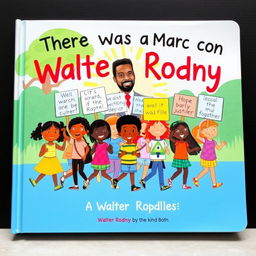 A vibrant children's book cover titled 'There Was a March for Walter Rodney', featuring a lively and colorful illustration of children of diverse backgrounds peacefully marching together