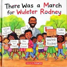A vibrant children's book cover titled 'There Was a March for Walter Rodney', featuring a lively and colorful illustration of children of diverse backgrounds peacefully marching together